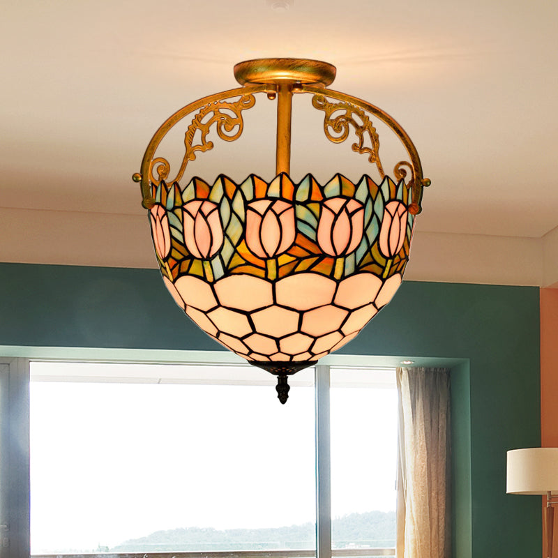 Floral Semi-Flush Mount Tiffany Stained Glass 2 Lights Beige Ceiling Light Fixture for Kitchen