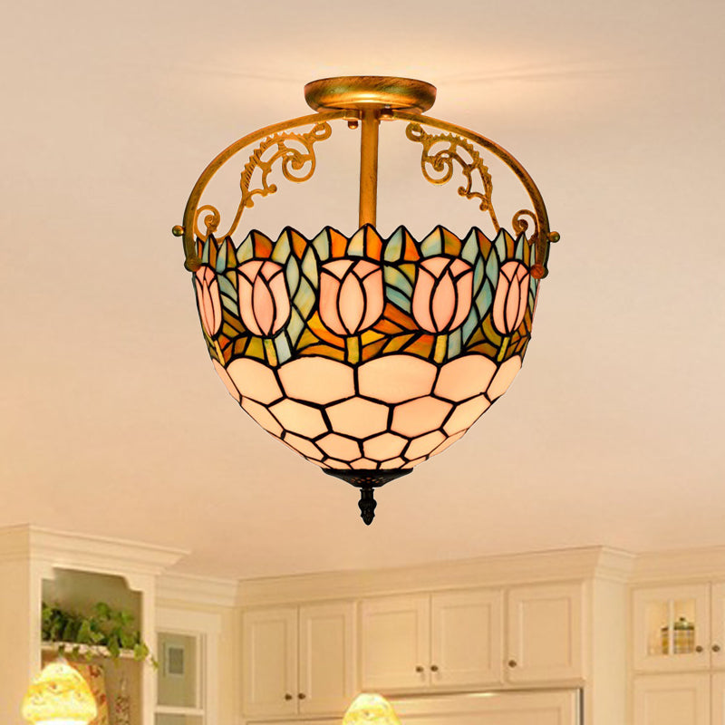 Floral Semi-Flush Mount Tiffany Stained Glass 2 Lights Beige Ceiling Light Fixture for Kitchen