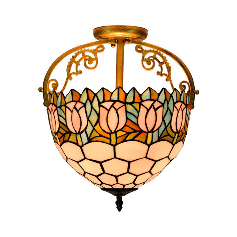 Floral Semi-Flush Mount Tiffany Stained Glass 2 Lights Beige Ceiling Light Fixture for Kitchen