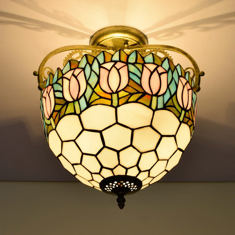 Floral Semi-Flush Mount Tiffany Stained Glass 2 Lights Beige Ceiling Light Fixture for Kitchen