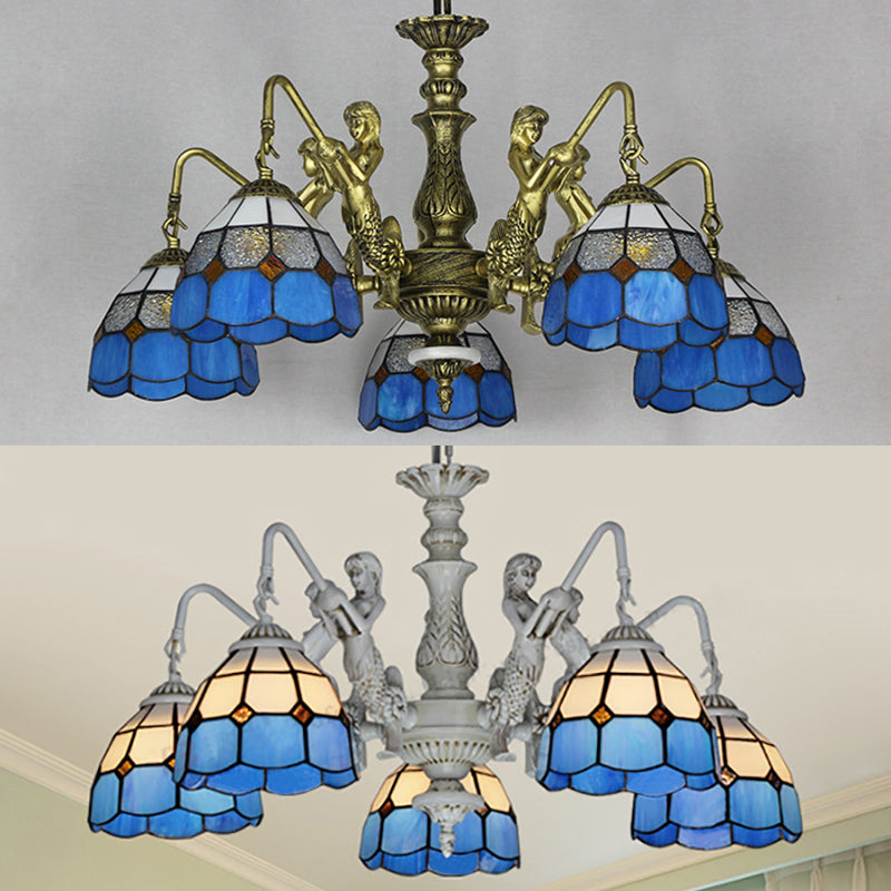 Cut Glass White/Antique Brass Pendant Lamp Dome 5 Lights Tiffany Chandelier Light with Mermaid Deco