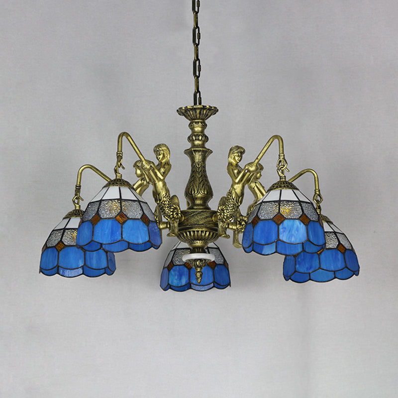 Cut Glass White/Antique Brass Pendant Lamp Dome 5 Lights Tiffany Chandelier Light with Mermaid Deco