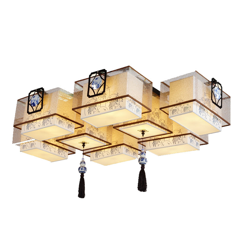 Chinese Style Flush Ceiling Light Fixture with Beige Fabric Shade for Living Room