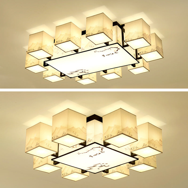 4/6/8/10 Lights Fabric Flush Mount Fixture Chinese Style Indoor Flush Ceiling Light