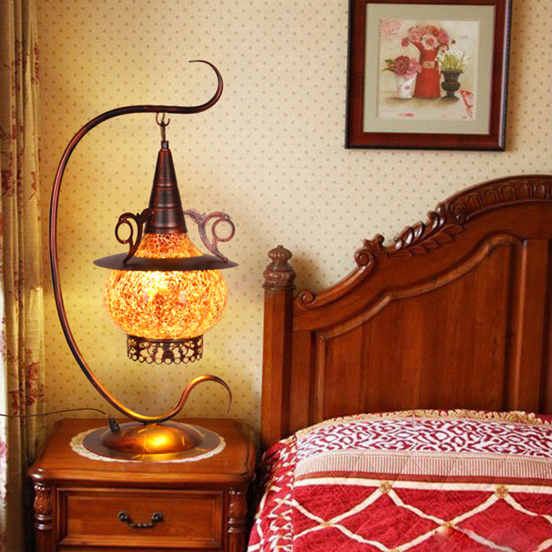 Stove Shaped Bedroom Night Light Art Deco Orange Glass 1 Light Table Lamp with Curly Arm