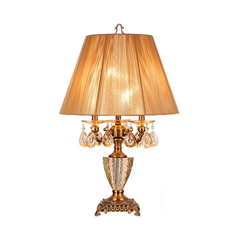 Beige 3 Lights Table Lamp Traditionalism Crystal Tapered Drum Night Light for Bedroom