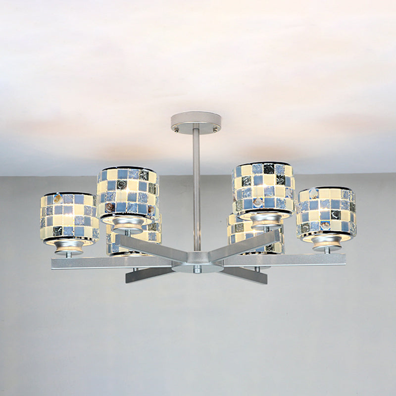 Modern Mosaic Hanging Ceiling Light 6 Lights Blue/Yellow Glass Hanging Chandelier in Chrome Finish