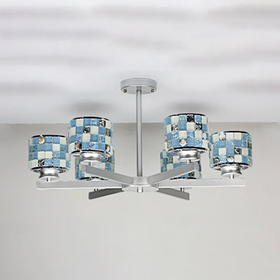 Modern Mosaic Hanging Ceiling Light 6 Lights Blue/Yellow Glass Hanging Chandelier in Chrome Finish