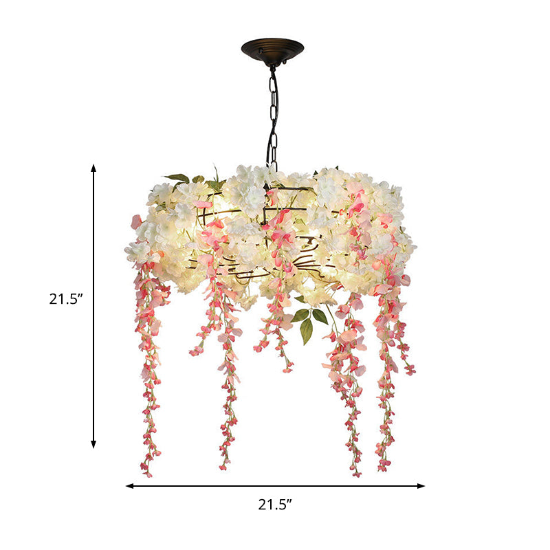 Metal Round Chandelier Light Fixture Industrial 4/5 Lights Restaurant Hanging Lamp Kit in Pink with Flower Decoration