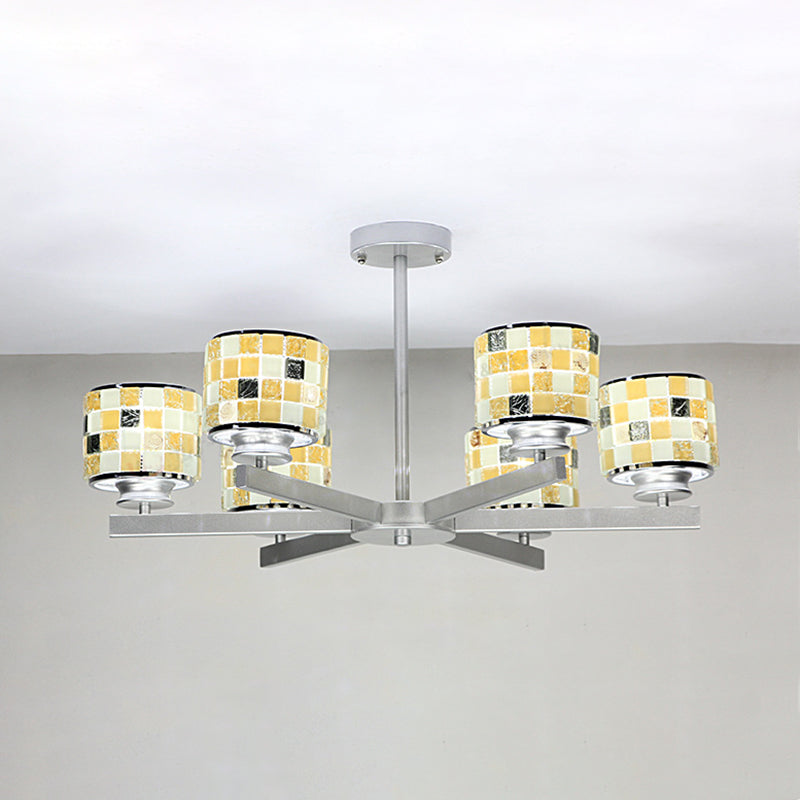 Mosaïque moderne suspendu au plafond 6 lumières Blue / jaune Verre suspendue Chandelier en finition chromée