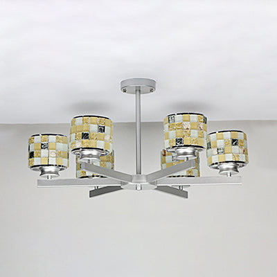 Modern Mosaic Hanging Ceiling Light 6 Lights Blue/Yellow Glass Hanging Chandelier in Chrome Finish