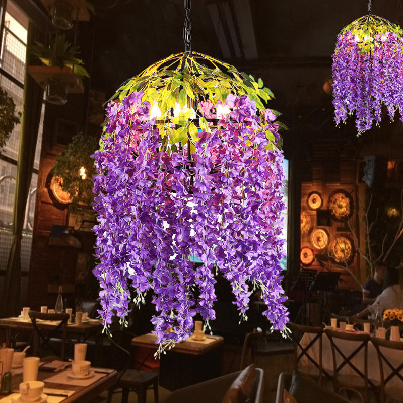 Pink/Purple 4/5 Heads Pendant Chandelier Industrial Metal Dome Hanging Lamp Kit with Plant Design, 18"/21.5" Wide