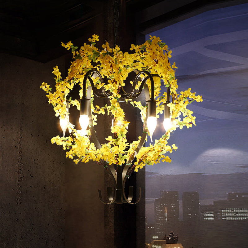 5 Heads Lantern Ceiling Pendant Industrial Yellow Metal Chandelier Light with Flower Decoration