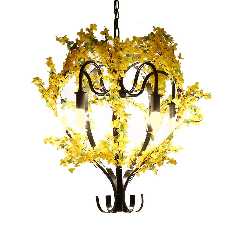 5 têtes Plafond lanterne pendentif industriel jaune de lustre en métal jaune avec décoration de fleurs