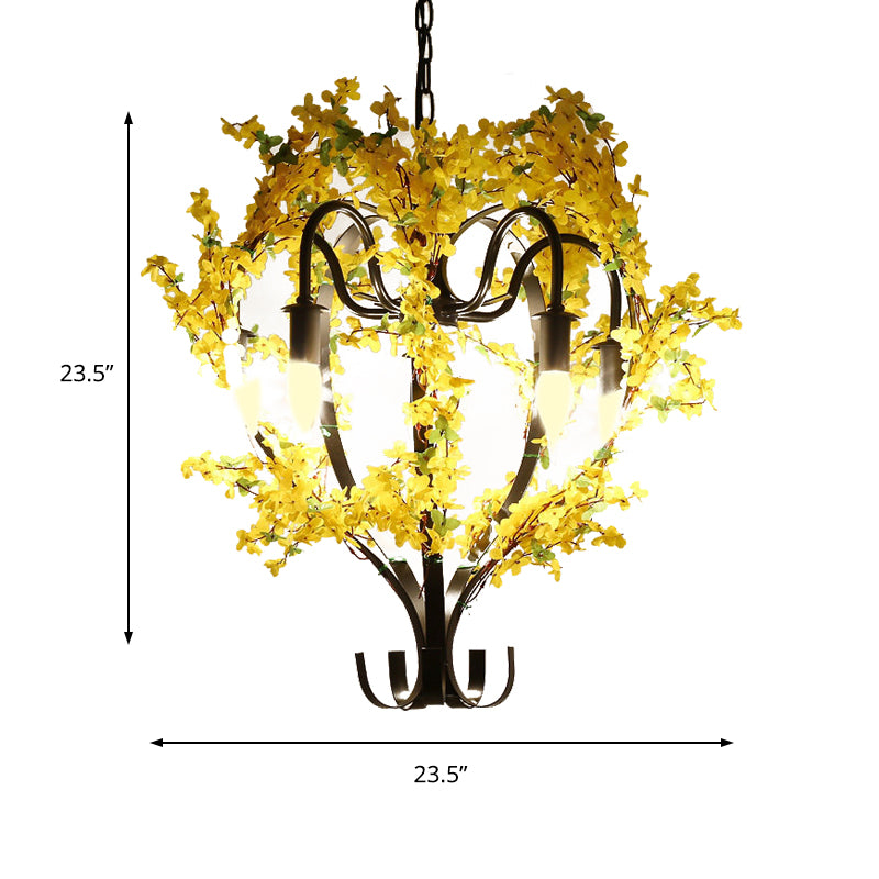 5 cabezas Costilización de techo de linterna Luz de lámpara de metal amarillo industrial con decoración de flores