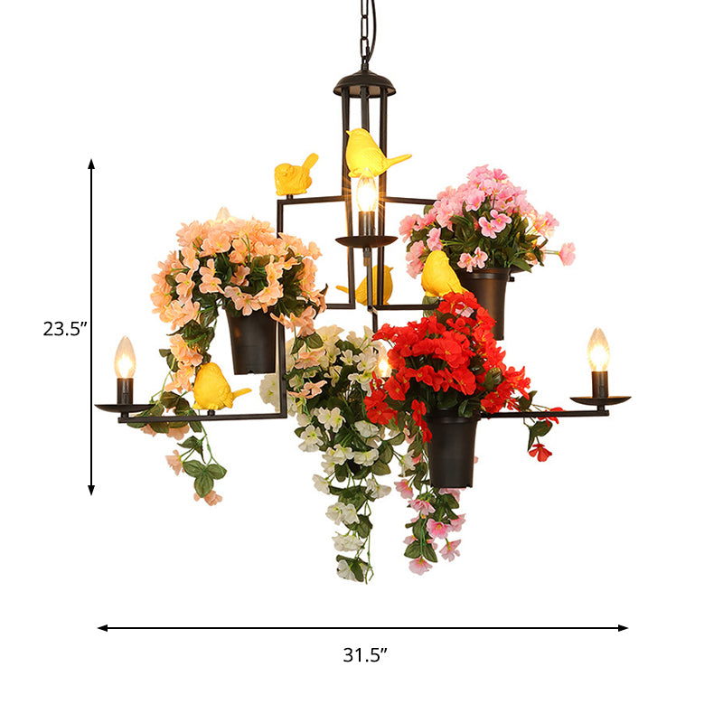 6 hoofden Candelabra Suspension Hanger industrieel black metal kroonluchter hanglamp met bloemendecoratie