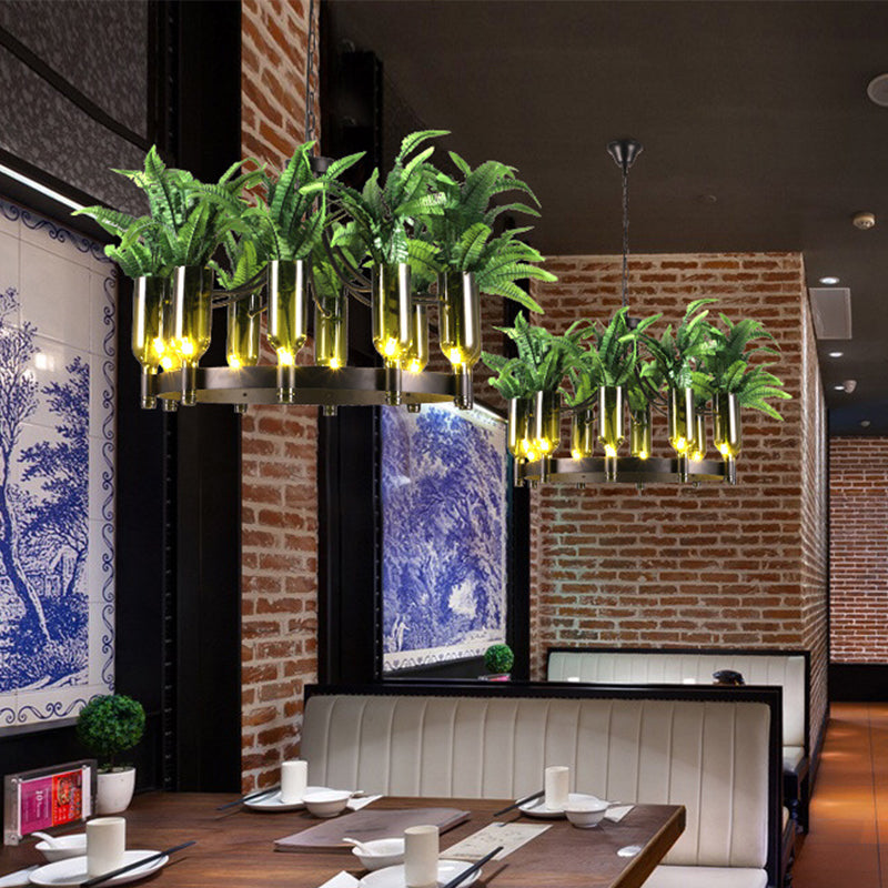 Round Restaurant plafondlamp industrieel metaal 10 koppen groene kroonluchter verlichtingsarmatuur met plantendeco