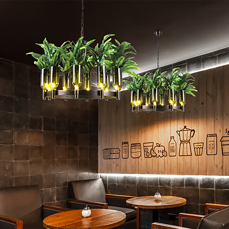 Lámpara de techo de restaurante redondo metal industrial 10 cabezas lámpara de lámpara verde lámpara con deco de plantas