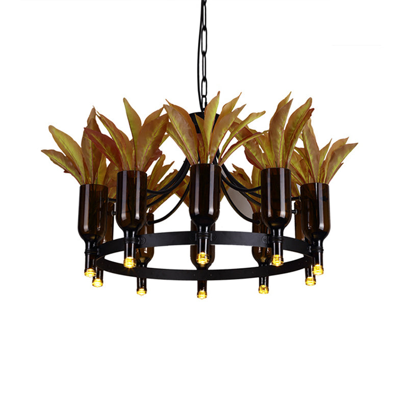 Black 10 Heads Hanging Chandelier Industrial Metal Round Pendant Light with Plant Decoration