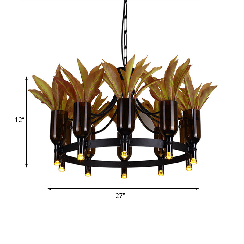 Black 10 Heads Hanging Chandelier Industrial Metal Round Pendant Light with Plant Decoration