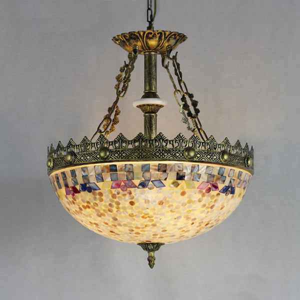 Stained Glass Bowl Pendant Light with Metal Chain Vintage Hanging Ceiling Light in White/Beige/Orange-Blue for Foyer