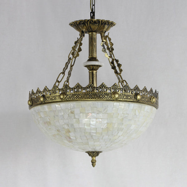 Stained Glass Bowl Pendant Light with Metal Chain Vintage Hanging Ceiling Light in White/Beige/Orange-Blue for Foyer