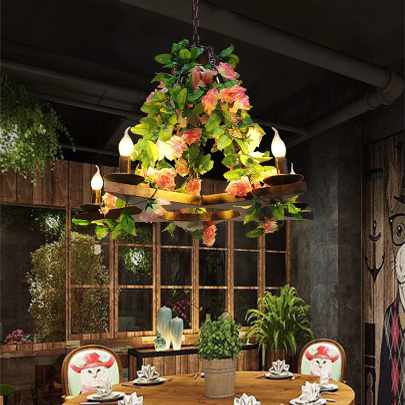 Metal Green Chandelier Lamp Candelabra 5 Bulbs Antique LED Rose Hanging Ceiling Light for Restaurant