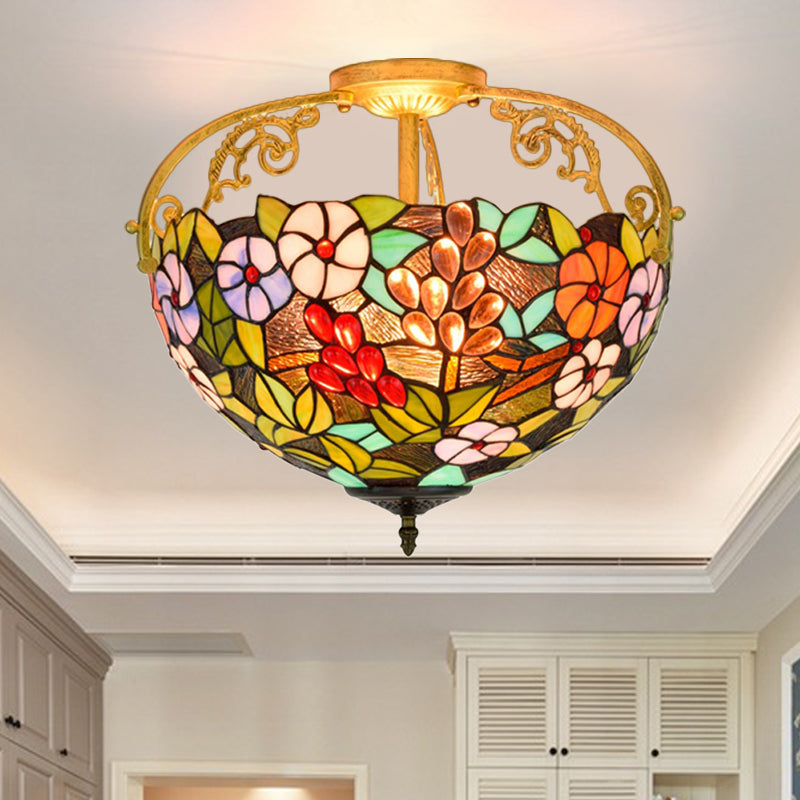 Floral Semi Mount Lighting 3 lichten gesneden glas Victoriaans plafondlamp in groen voor slaapkamer