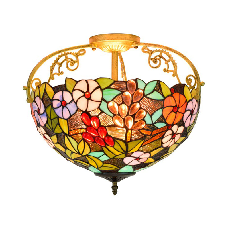 Floral Semi Mount Lighting 3 lichten gesneden glas Victoriaans plafondlamp in groen voor slaapkamer