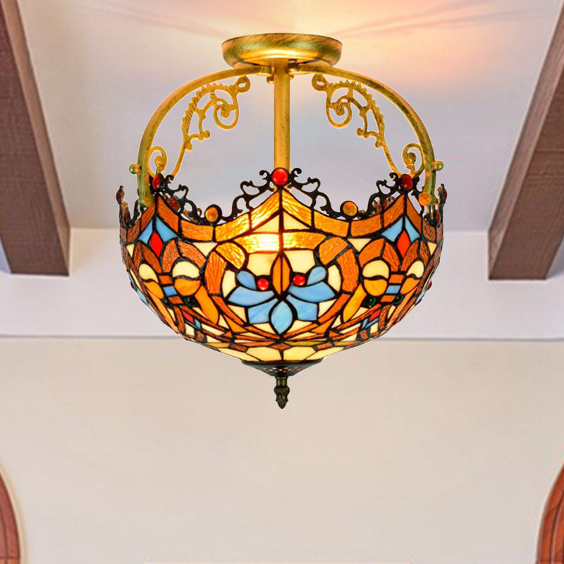 2/3 Lights Semi Mount Lighting Tiffany Style Lotus Stained Glass Ceiling Fixture in Brown for Dining Room