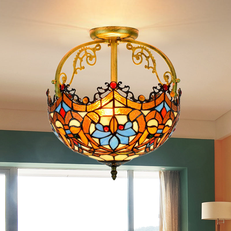 2/3 Lights Semi Mount Lighting Tiffany Style Lotus Stained Glass Ceiling Fixture in Brown for Dining Room