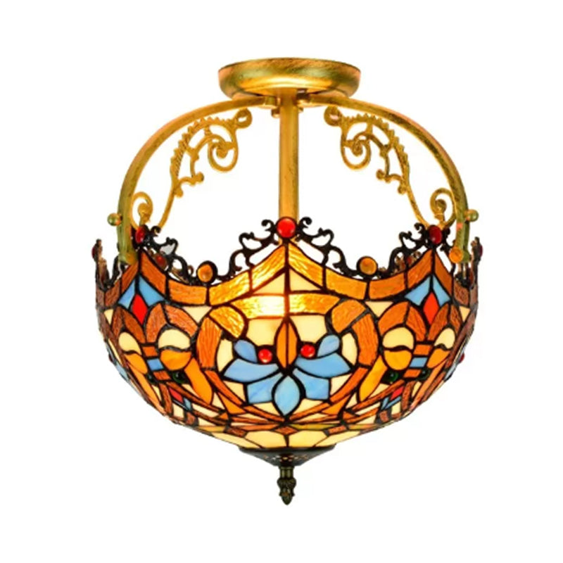 2/3 Lights Semi Mount Lighting Tiffany Style Lotus Stained Glass Ceiling Fixture in Brown for Dining Room