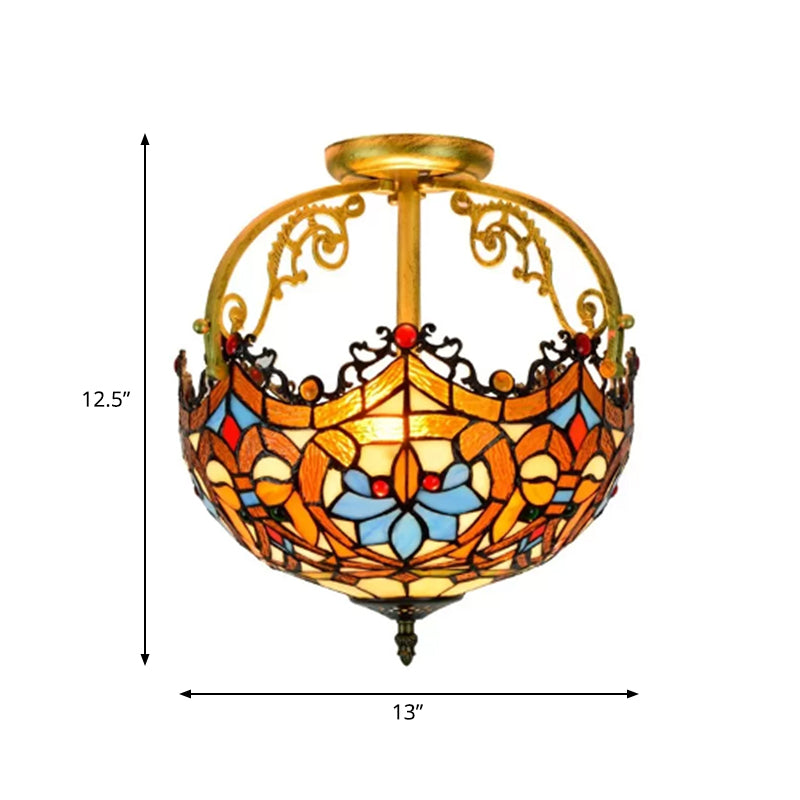 2/3 lichten Semi Mount Lighting Tiffany -stijl Lotus glas in lood plafondarmatuur in bruin voor eetkamer