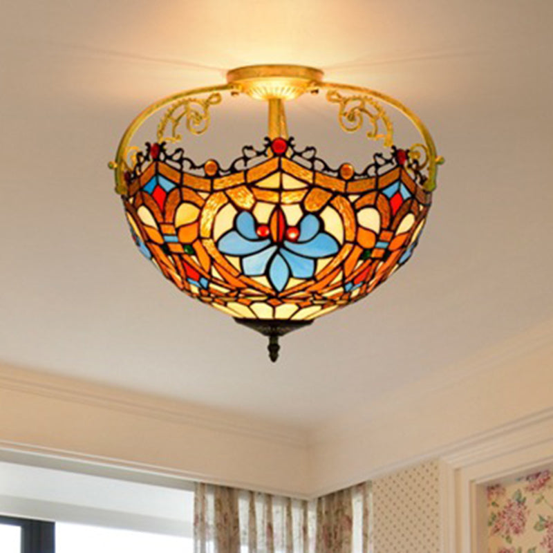 2/3 lichten Semi Mount Lighting Tiffany -stijl Lotus glas in lood plafondarmatuur in bruin voor eetkamer