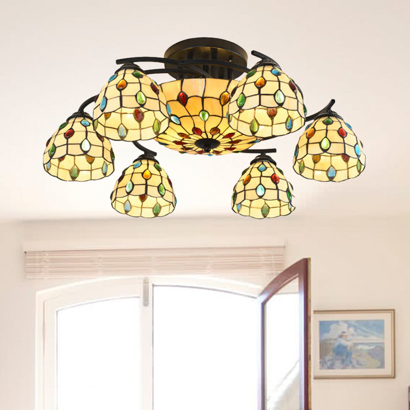 Tiffany Beaded Semi Flush Light 9/11 Lights Beige Glass Ceiling Mounted Fixture for Bedroom