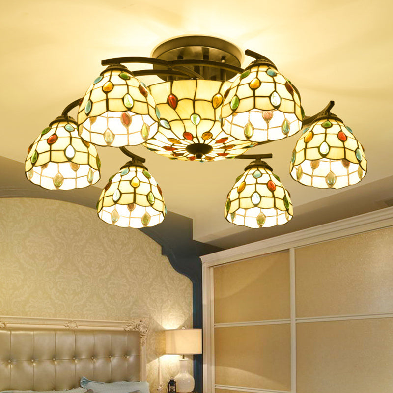 Tiffany Beaded Semi Flush Light 9/11 Lights Beige Glass Ceiling Mounted Fixture for Bedroom