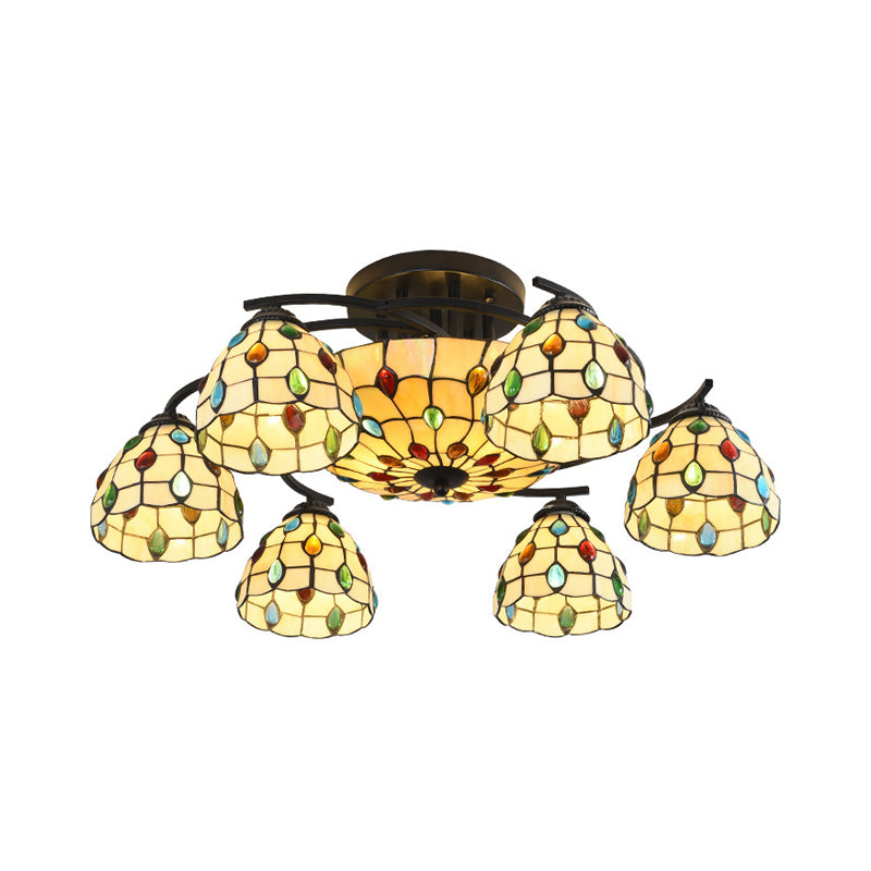 Tiffany Beaded Semi Flush Light 9/11 Lights Beige Glass Ceiling Mounted Fixture for Bedroom