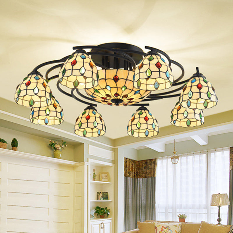 Tiffany Beaded Semi Flush Light 9/11 Lights Beige Glass Ceiling Mounted Fixture for Bedroom