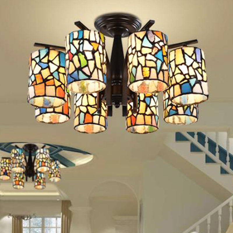 6/8 Lights Semi Flush Light Mediterranean Cylinder Cut Glass Ceiling Mount in Black for Living Room