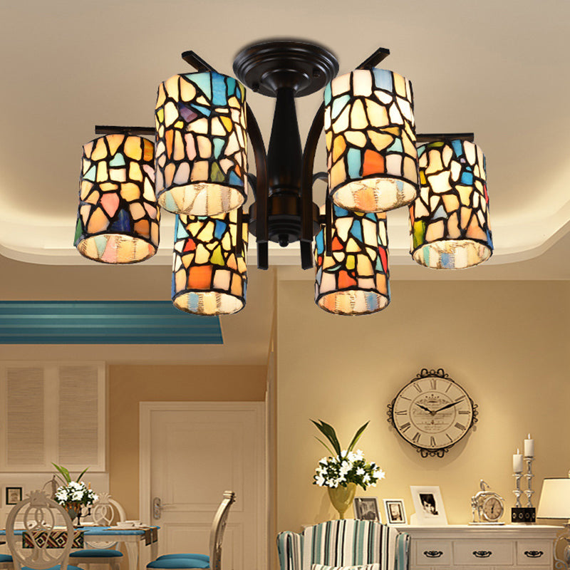 6/8 Lights Semi Flush Light Mediterranean Cylinder Cut Glass Ceiling Mount in Black for Living Room