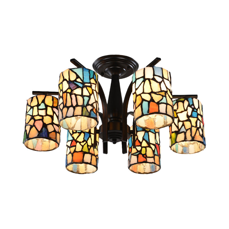 6/8 Lights Semi Flush Light Mediterranean Cylinder Cut Glass Ceiling Mount in Black for Living Room