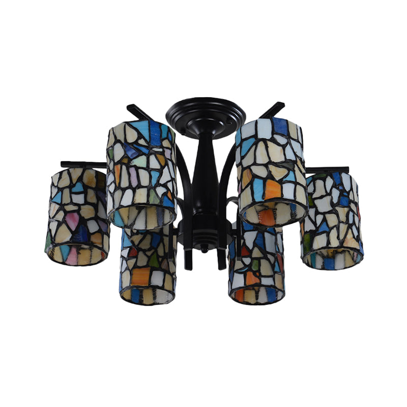 6/8 Lights Semi Flush Light Mediterranean Cylinder Cut Glass Ceiling Mount in Black for Living Room