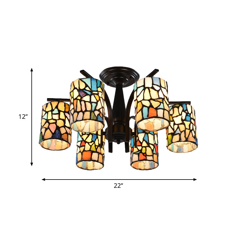 6/8 Lights Semi Flush Light Mediterranean Cylinder Cut Glass Ceiling Mount in Black for Living Room