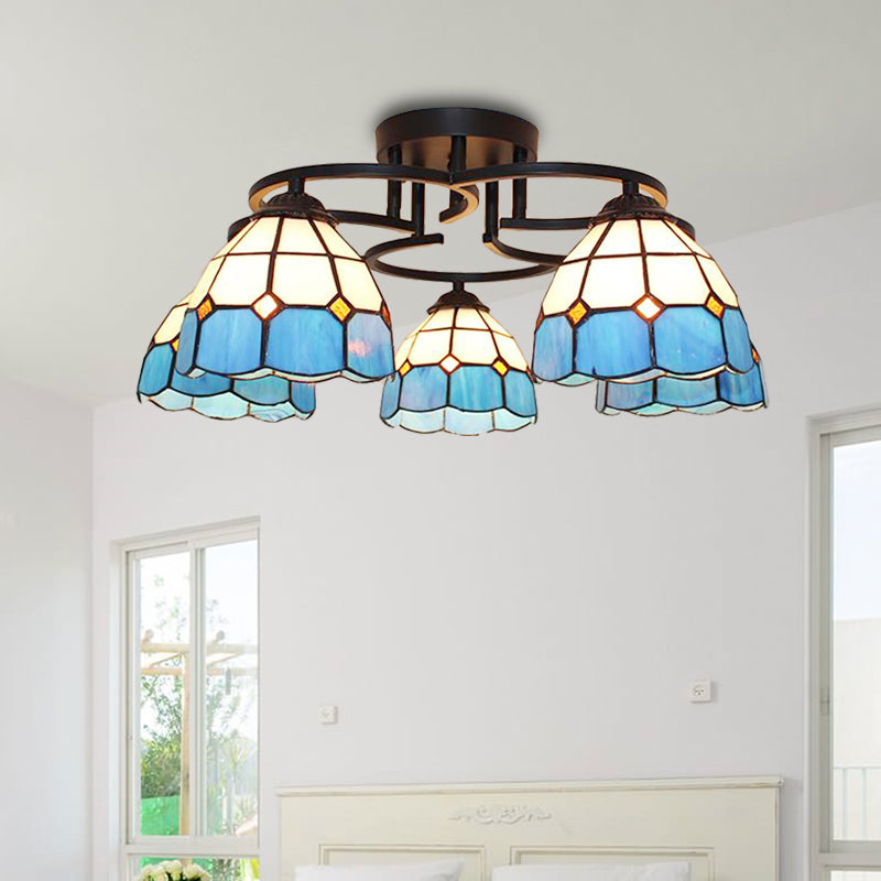 Blue/Light Blue Glass Grid Patterned Semi Flush Light Fixture Baroque 5 Lights Black Ceiling Flush Mount for Bedroom