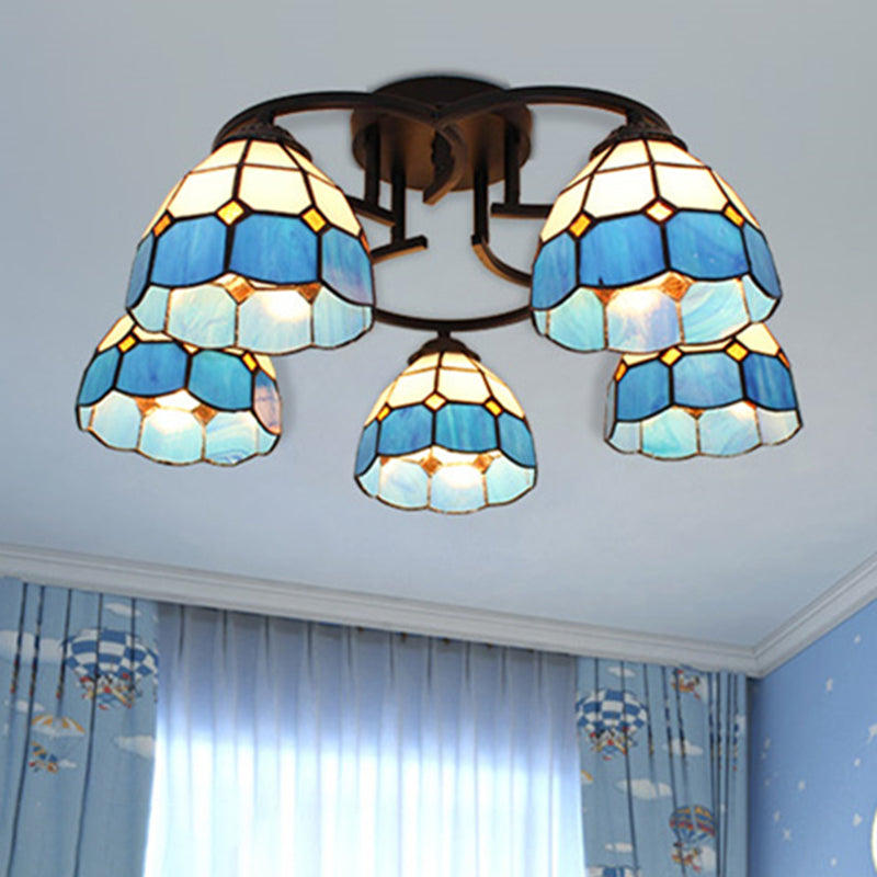 Blue/Light Blue Glass Grid Patterned Semi Flush Light Fixture Baroque 5 Lights Black Ceiling Flush Mount for Bedroom