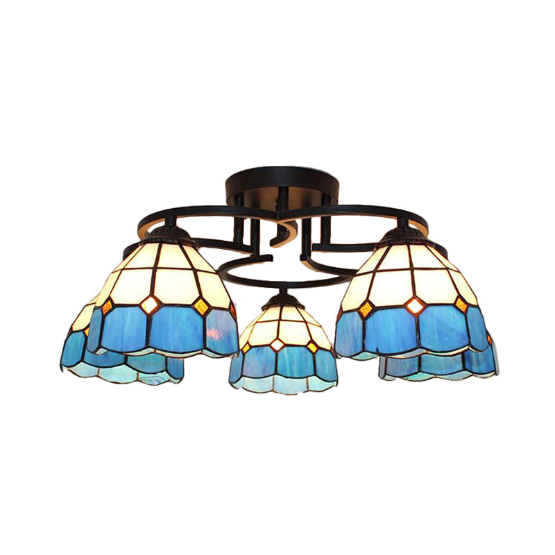 Blue/Light Blue Glass Grid Patterned Semi Flush Light Fixture Baroque 5 Lights Black Ceiling Flush Mount for Bedroom