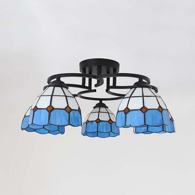 Blue/Light Blue Glass Grid Patterned Semi Flush Light Fixture Baroque 5 Lights Black Ceiling Flush Mount for Bedroom