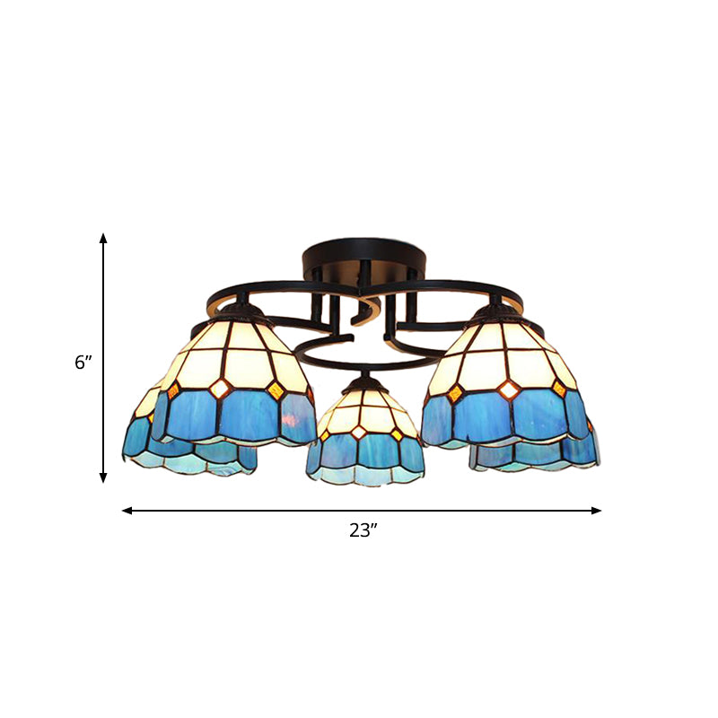 Blue/Light Blue Glass Grid Patterned Semi Flush Light Fixture Baroque 5 Lights Black Ceiling Flush Mount for Bedroom