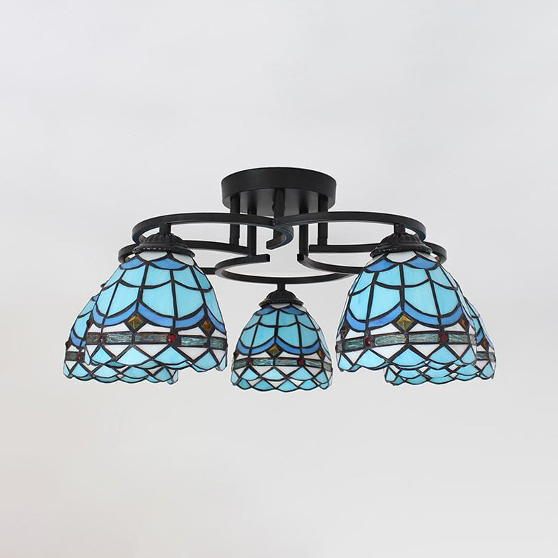 Blue/Light Blue Glass Grid Patterned Semi Flush Light Fixture Baroque 5 Lights Black Ceiling Flush Mount for Bedroom