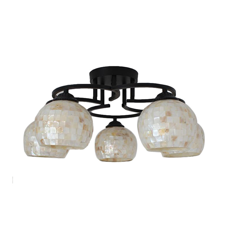 5 Lights Kitchen Semi Flush Light Tiffany Beige/White Ceiling Lamp with Dome Shell Shade for Kitchen